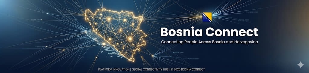 BosniaConnect profile cover banner showing glowing Bosnia and Herzegovina map in gold tones